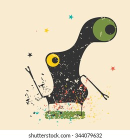 Cute monster on retro grunge background. Cartoon illustration. Vintage vector illustration