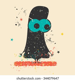 Cute monster on retro grunge background. Cartoon illustration. Vintage vector illustration