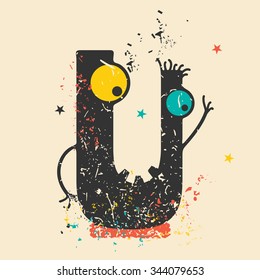 Cute monster on retro grunge background. Cartoon illustration. Vintage vector illustration