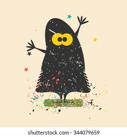 Cute monster on retro grunge background. Cartoon illustration. Vintage vector illustration