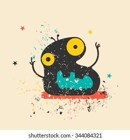 Cute monster on retro grunge background. Cartoon illustration. Vintage vector illustration