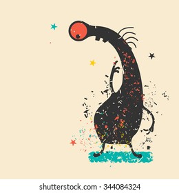 Cute monster on retro grunge background. Cartoon illustration. Vintage vector illustration