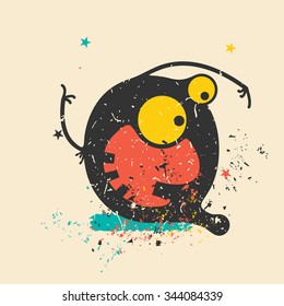 Cute monster on retro grunge background. Cartoon illustration. Vintage vector illustration
