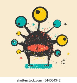 Cute monster on retro grunge background. Cartoon illustration. Vintage vector illustration