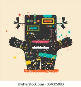 Cute monster on retro grunge background. Cartoon illustration. Vintage vector illustration.