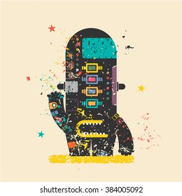 Cute monster on retro grunge background. Cartoon illustration. Vintage vector illustration.