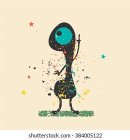 Cute monster on retro grunge background. Cartoon illustration. Vintage vector illustration.