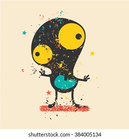 Cute monster on retro grunge background. Cartoon illustration. Vintage vector illustration.