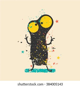 Cute monster on retro grunge background. Cartoon illustration. Vintage vector illustration.