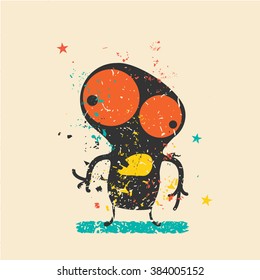 Cute monster on retro grunge background. Cartoon illustration. Vintage vector illustration.