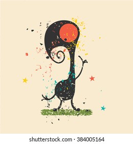 Cute monster on retro grunge background. Cartoon illustration. Vintage vector illustration.