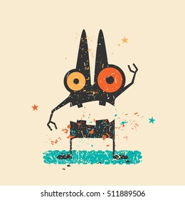 Cute monster on retro grunge background. Cartoon illustration.