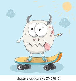 Cute monster on a skateboard cartoon hand drawn vector illustration. Can be used for t-shirts print, fashion print design, children's clothing, baby shower, holiday greeting and invites.