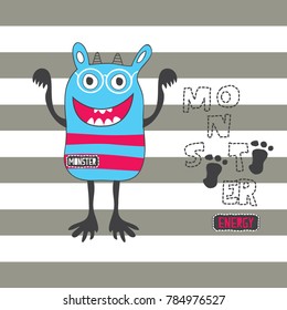 cute monster on striped backgorund vector illustration
