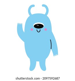 Cute monster with one eye and happy face emotion. Bizzare kind character in flat style. Adorable waving childish creature in pastel color. Hand drawn comic beast isolated on white background