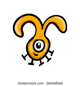 Cute monster painted by hand, yellow, similar to the extraterrestrial rabbit. Isolated doodle character.