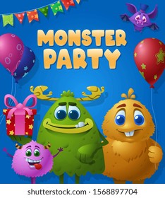 Cute monster party poster with fantasy cartoon creatures portrait holding balloons and gifts. Colorful vector holiday image for kids on blue background.
