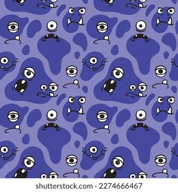 Cute monster pattern. Angry kids face. Child boy texture. Baby animal characters. Childish or comic fabric print design. Purple spots and happy aliens. Vector tidy seamless background