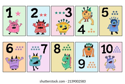 Cute monster patterns number flashcards in doodle style, for decorating cards, digital printing,  teachers, students, kids, nameplates, frames, worksheets, messages, kindergarten, scrapbooks, covers 