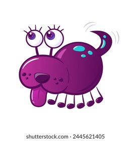 Cute monster. A purple alien that looks like a dog with many legs. Neon colors, Y2k, gradient, 2000s Cartoon illustration. Space flights, the future. Halloween stickers, design elements.