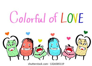 cute monster with qoute "colorful of love" doodle cartoon funny  card and print design 