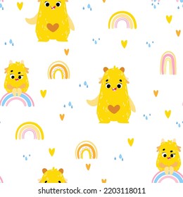 Cute monster and rainbow. Childish seamless pattern for fabric, paper, wrapping, clothing, textile, wallpaper. Vector illustration