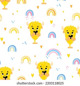 Cute monster and rainbow. Childish seamless pattern for fabric, paper, wrapping, clothing, textile, wallpaper. Vector illustration
