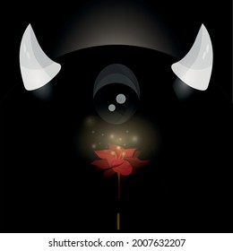 Un monstruo lindo con una flor roja. Ilustración vectorial mágica para libros. Cuento de hadas.  Un monstruo de un solo ojo. Cíclopes. Una postal para Halloween.