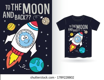 Cute monster with rocket and space cartoon illustration for t shirt