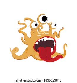 Cute monster with round eyes and tentacles. Funny mascot angry and crazy with open mouth and stick out tongue, screaming face troll. Vector illustration