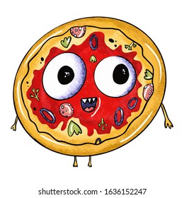 Cute monster round pizza on an isolated white background. Fast food with eyes, junk food. Design for poster, print, kids menu. Digital hand drawn illustration. Stock vector illustration.