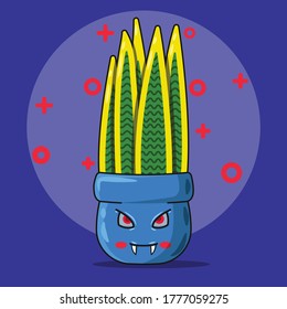 Cute Monster Sansevieria. Simple Cute Character Design of Monster Plant with Fang. Simple Monster Snake Plant in A Pot