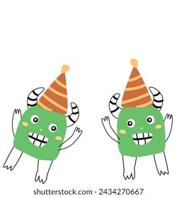 Cute monster sbaby characters for anniversary. Vector illustration can used for banner, baby birthday background, greeting card, poster for interior. Cute alien or monsters in birthday cap.