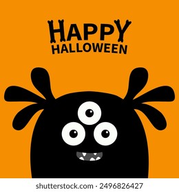 Cute monster scary face head icon. Three eyes, fang tooth, horns, ears, hair. Black silhouette. Happy Halloween. Cartoon boo spooky kawaii funny baby character. Flat design. White background Vector