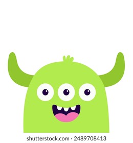 Monstruo lindo de miedo sonriente cara icono de la cabeza. Feliz Halloween. Tres ojos, diente de colmillo, cuernos. Silueta verde. Caricatura libro espeluznante kawaii divertido personaje de bebé. Diseño plano. Fondo blanco. Vector