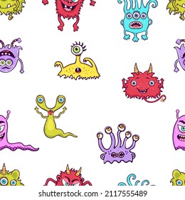 Cute monster seamless pattern, funny cartoon character print, fashion fabric, textile design. Cheerful colorful various fairy creatures on white background. Vector illustration