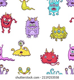 Cute monster seamless pattern, funny cartoon character print, fashion fabric, textile design. Cheerful colorful various fairy creatures on white background. Vector illustration