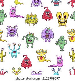 Cute monster seamless pattern, funny cartoon character print, fashion fabric, textile design. Cheerful colorful various fairy creatures on white background. Vector illustration