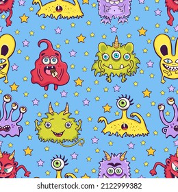 Cute monster seamless pattern, funny cartoon character print, children's decor, fabric, textile design. Cheerful colorful fairy creatures on bright blue background. Vector illustration