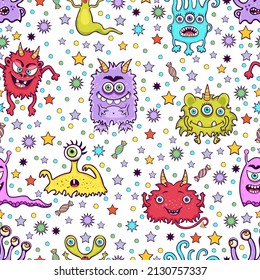Cute monster seamless pattern, funny cartoon character print, fabric, textile design. Cheerful colorful various fairy creatures on white background with stars, confetti, candies. Vector illustration