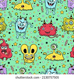 Cute monster seamless pattern, funny cartoon character print, fabric, textile design. Cheerful colorful various fairy creatures on green background with stars, confetti, candies. Vector illustration