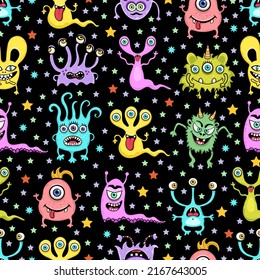 Cute monster seamless pattern, funny cartoon character print, fabric, textile design. Cheerful colorful bright fairy creatures on black background with stars. Vector illustration
