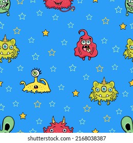 Cute monster seamless pattern, funny cartoon character print, fabric, textile design. Cheerful colorful bright fairy creatures on blue background with stars. Vector illustration