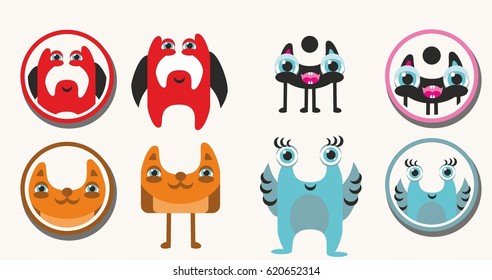 Cute Monster Set with avatars. Cartoon colorful monsters set for your design.