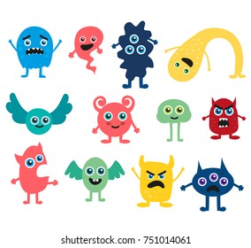 Cute Monster Set Cartoon flat  big set icons. Colorful kids