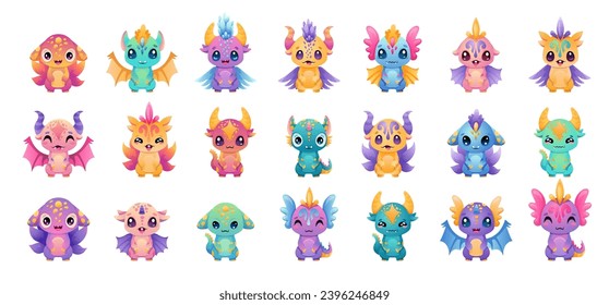 Monstruo lindo con diferentes ojos, alas, cuernos. Colección de pequeños dragones con ilustración vectorial dibujada a mano. Caracteres alienados en colores degradados modernos.