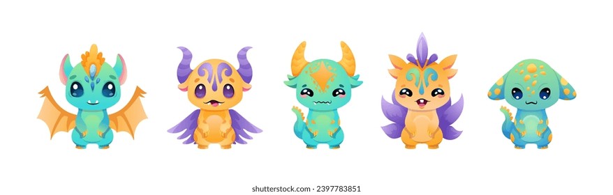 Cute Monster set with different eyes, wings, horns. Little dragons collection with hand drawn vector illustration. Alien characters in modern gradient colors. Green yellow and violet dragons