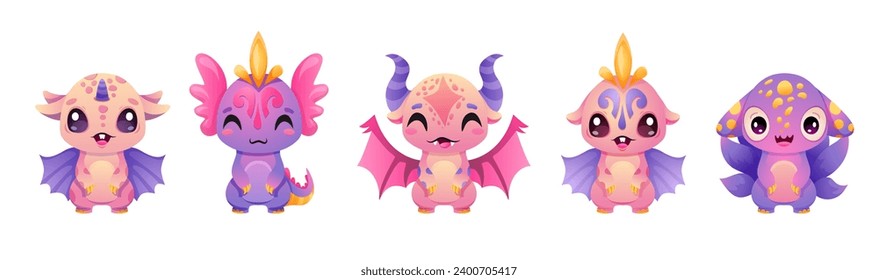 Cute Monster set with different eyes, wings, horns. Little dragons collection for girls with hand drawn elements. Cartoon vector illustration with 