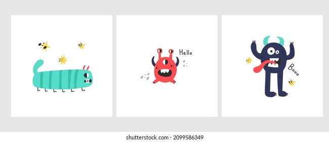 Cute monster set. Funny creatures, little mutant or alien, spooky fantasy characters with text, childish collection, kids poster, t-shirt print or card, vector cartoon flat style isolated illustration