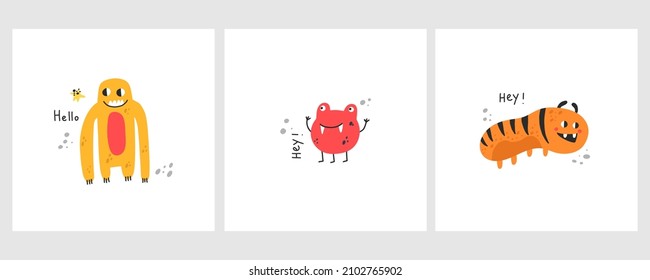 Cute monster set. Funny creatures, little mutant or alien, spooky fantasy characters with text, childish collection, kids poster, t-shirt print or card, vector cartoon flat style isolated illustration